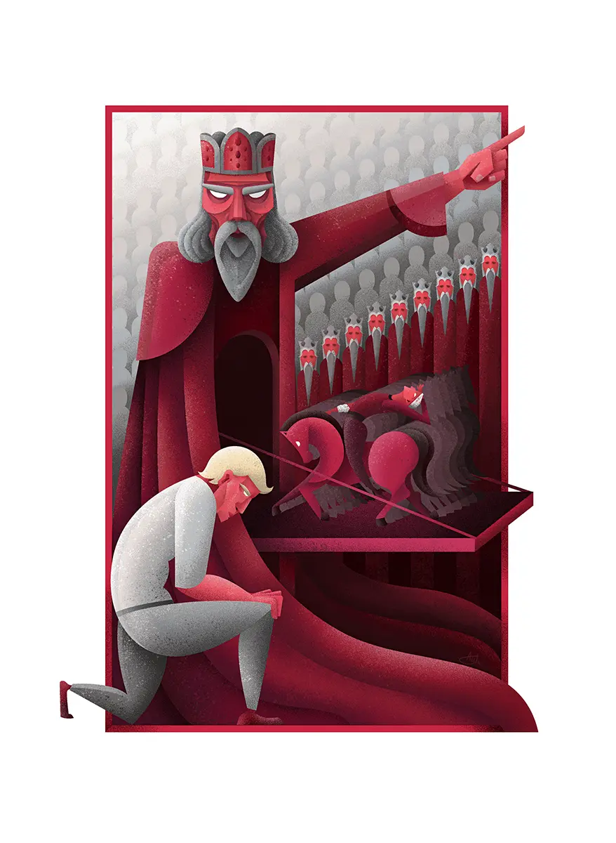 boek illustratie ontwerp van Ogier die verbannen wordt voor ridderroman "Ogier" door Ayla Brulez / Bluefury