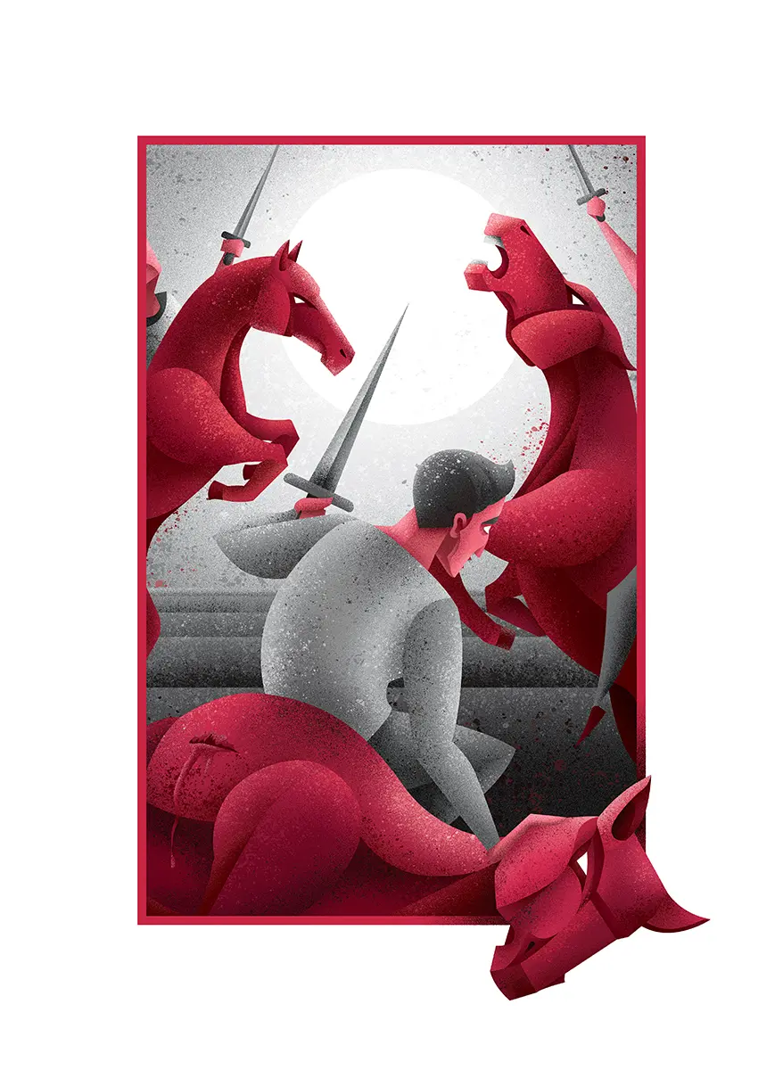 boek illustratie ontwerp van stervende paarden voor ridderroman "Ogier" door Ayla Brulez / Bluefury